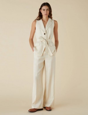 Spodnie Damskie Marella Linen-Blend Kremowe | Polska 615238-KRJ