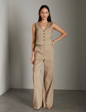 Spodnie Damskie Marella Szerokie-Leg Linen-Blend Brązowe | Polska 156398-ZHF