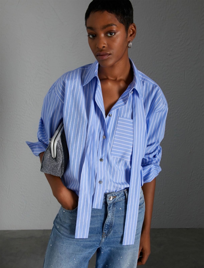 Koszule Damskie Marella Shirt With Removable Neckerchief Głęboka Niebieskie | Polska 417302-XEI