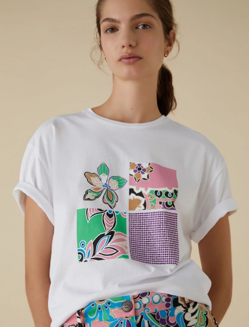 Koszulka Damskie Marella Printed Białe | Polska 562084-JMA