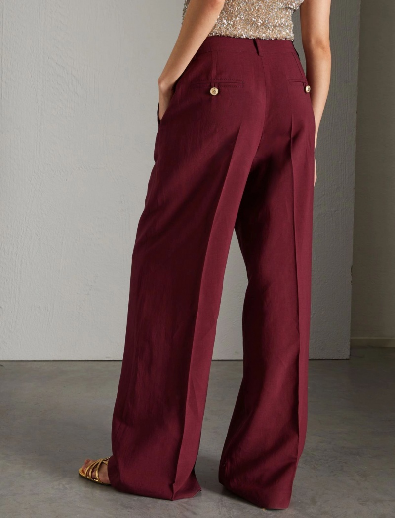 Spodnie Damskie Marella Szerokie-Leg Linen-Blend Bordowe | Polska 819352-QGN