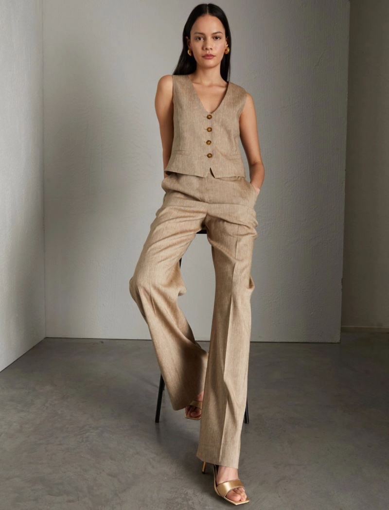 Spodnie Damskie Marella Szerokie-Leg Linen-Blend Brązowe | Polska 156398-ZHF