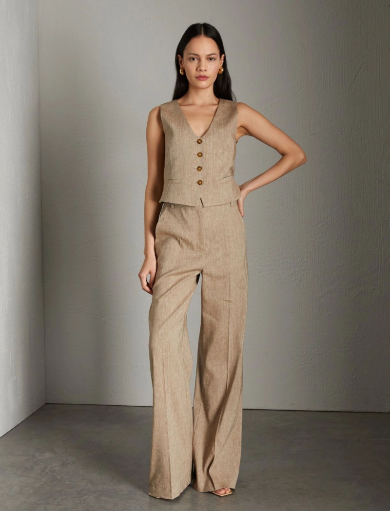 Spodnie Damskie Marella Szerokie-Leg Linen-Blend Brązowe | Polska 156398-ZHF